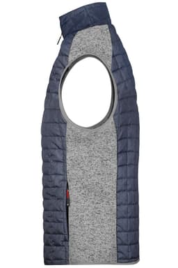 A men's knitted hybrid vest featuring a grey body and navy quilted panels, with an open arm design and a zip pocket.