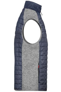 A men's knitted hybrid vest featuring a navy blue quilted exterior and a grey textured body. It has a high collar and an armhole design.