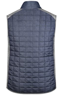A men's knitted hybrid vest featuring a dark blue body with grey accents, showcasing a quilted design.