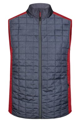 A navy and red men's knitted hybrid vest with a quilted design and zip front closure, featuring a branding logo.