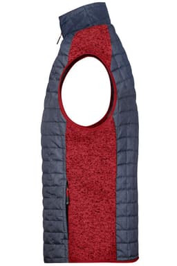A mens knitted hybrid vest featuring a navy blue and burgundy design with a zip and an open armhole.