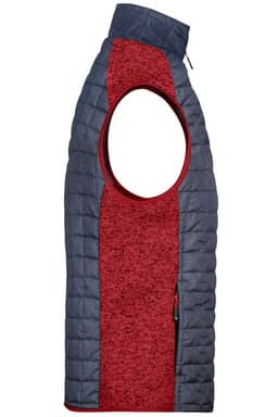 A mens knitted hybrid vest featuring a dark blue and red colour scheme with a zip neck and sleeveless design.