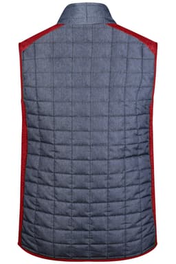 A men's knitted hybrid vest in grey with red accents, featuring a quilted design and a back view.