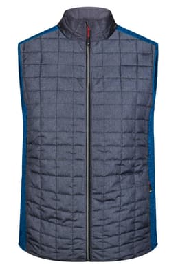 A men's knitted hybrid vest in dark grey with blue side panels, featuring a front zip and a logo on the chest.