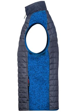 A mens knitted hybrid vest featuring a blue and grey colour scheme, with a sleeveless design and a zippered front.