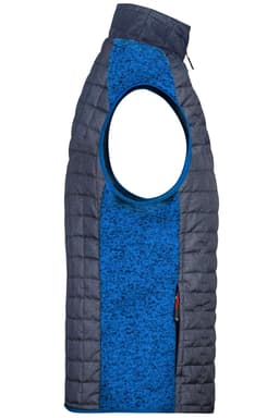 A men's knitted hybrid vest featuring a blue and dark grey design, with a zippered side and sleeveless style.