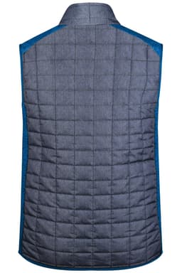 A grey knitted hybrid vest with blue accents, featuring a quilted design and no sleeves. It has a logo on it.