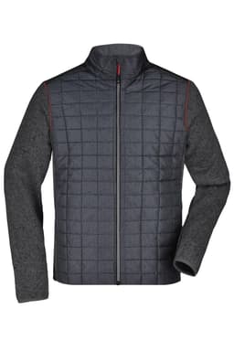 A men's hybrid jacket featuring a quilted grey front and dark grey sleeves, with a zip closure and a logo.