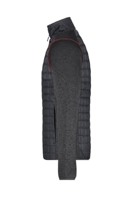 A grey and black mens knitted hybrid jacket with a quilted design and a side view showcasing the fabric texture.