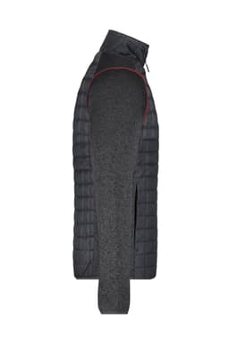 A knitted hybrid jacket in dark grey with a puffy inner layer and a zippered collar. Features a logo on the chest.