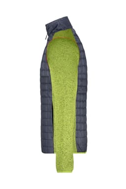 A mens knitted hybrid jacket featuring a dark grey body and bright green sleeves, with a logo on the front.