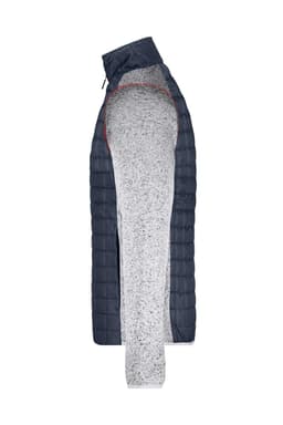 A mens knitted hybrid jacket featuring a navy quilted design on one side and a light grey knitted fabric on the other.