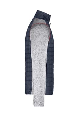 A knitted hybrid jacket featuring a navy quilted exterior and light grey sleeves, with a logo on the chest.