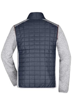 A back view of a men's knitted hybrid jacket featuring a navy quilted body and grey knitted sleeves.