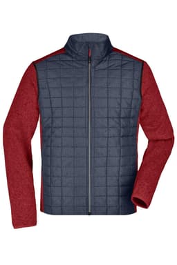 A hybrid jacket featuring a navy quilted front and red knitted sleeves, with a central zip and no hood.