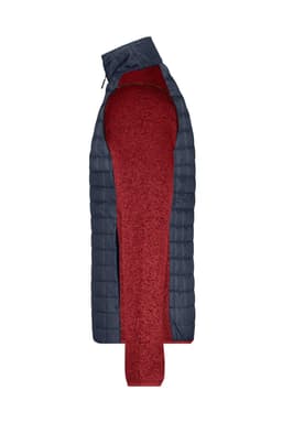 A men's knitted hybrid jacket featuring navy and maroon colours, with a quilted design and a logo.