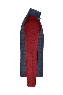 A men's knitted hybrid jacket featuring a navy and burgundy colour scheme, showcasing a quilted design with a logo.