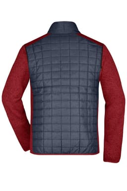 A knitted hybrid jacket featuring a navy body and burgundy sleeves, showcasing a quilted design on the back.