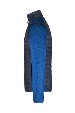 A men's knitted hybrid jacket in navy and blue features a quilted design and has a logo.