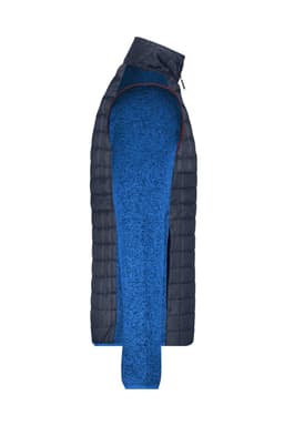 A men's knitted hybrid jacket featuring a navy quilted body and blue knitted sleeves, with a high collar and zipper.