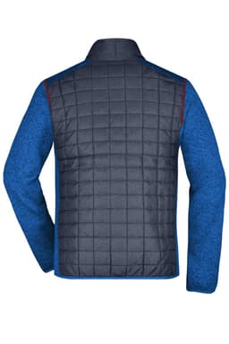 A men's knitted hybrid jacket in navy with blue sleeves, featuring a quilted back design and a logo.