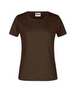A brown women's t-shirt with short sleeves, featuring a round neckline and a logo on the label.