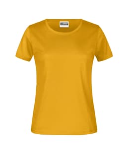 A yellow women's T-shirt with a round neck and short sleeves, featuring a branding logo.