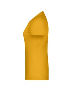 A yellow women's T-shirt with short sleeves and a side profile view, featuring a logo.