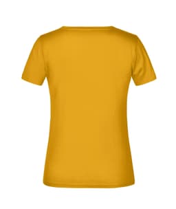 A short-sleeved yellow T-shirt featuring a plain back and a branding logo.