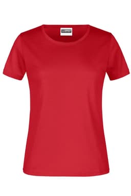 A red women's t-shirt with short sleeves and a round neckline, featuring a logo on the label.