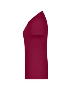 A maroon women's T-shirt with a fitted silhouette featuring short sleeves and a round neckline.