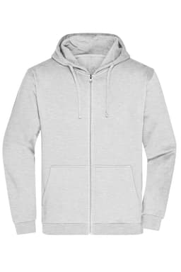 A light grey men's zip-up hoodie featuring a front pocket and a hood, with a logo on the chest.