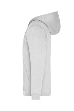 A light grey men's zip hoodie featuring a hood and a front pocket, with a logo on the fabric.