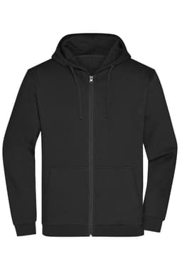 A black zip hoodie with a hood, featuring a front zipper and a kangaroo pocket. It has a logo on the chest.
