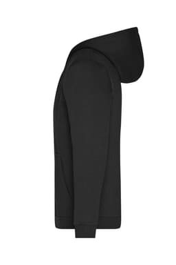 A black men's zip hoodie featuring a kangaroo pocket and a hood. The design includes a logo on the front.