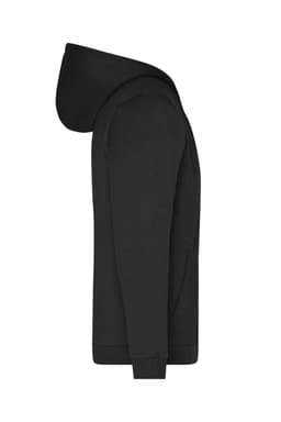 A black men's zip hoodie featuring a hood and a front pocket, designed as a promotional item.