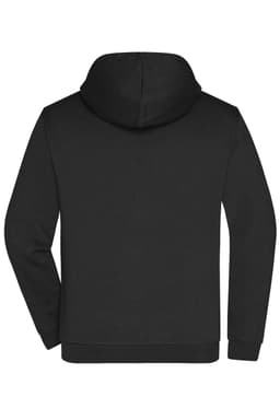 A black men's zip hoodie featuring a hood and long sleeves. The back view shows a simple design and a logo.
