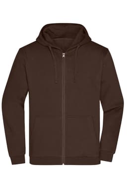 A brown zip-up hoodie featuring a front pocket and a drawstring hood. It has a logo on the front.
