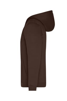 A brown men's zip hoodie featuring a hood and a front pocket, with a logo on the garment.