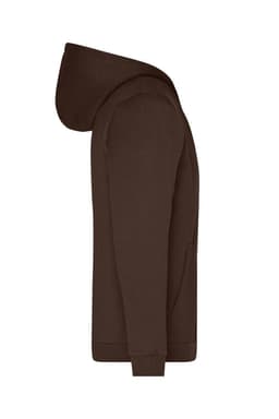 A mens zip hoodie in a dark brown colour with a hood and front pocket, featuring a logo.