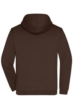 A brown men's zip hoodie featuring a hood and a logo on the back.