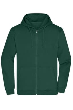 A green zip hoodie featuring a front zip closure, hood, and pouch pockets. It has a logo on the front.