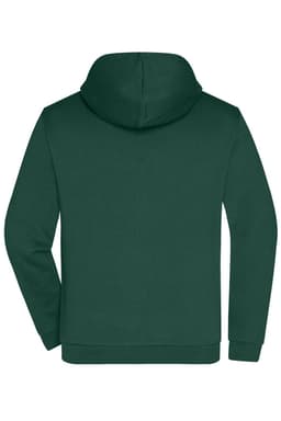 A green zip hoodie with a hood and kangaroo pocket, featuring a logo on the back.