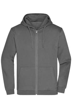 A grey zip-up hoodie featuring a hood and front pockets, with a logo displayed on the garment.