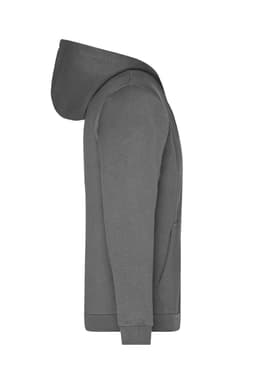 A grey men's zip hoodie featuring a hood and front pocket, with a simple design and logo.
