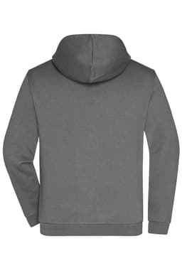 A grey men's zip hoodie with a hood and long sleeves, featuring a back view and a branding logo.