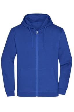 A blue zip hoodie featuring a front pocket and a hood, with a logo on the chest area.