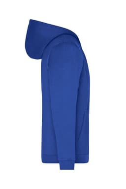 A blue men's zip hoodie featuring a hood and front pocket, with a logo on the chest.