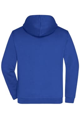 A blue men's zip hoodie featuring a hood and long sleeves, with a plain back and branding.