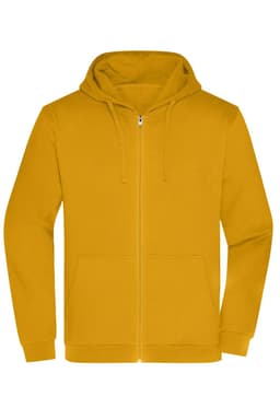 A yellow zip hoodie with a hood, front pockets, and a zipper closure, featuring a logo.
